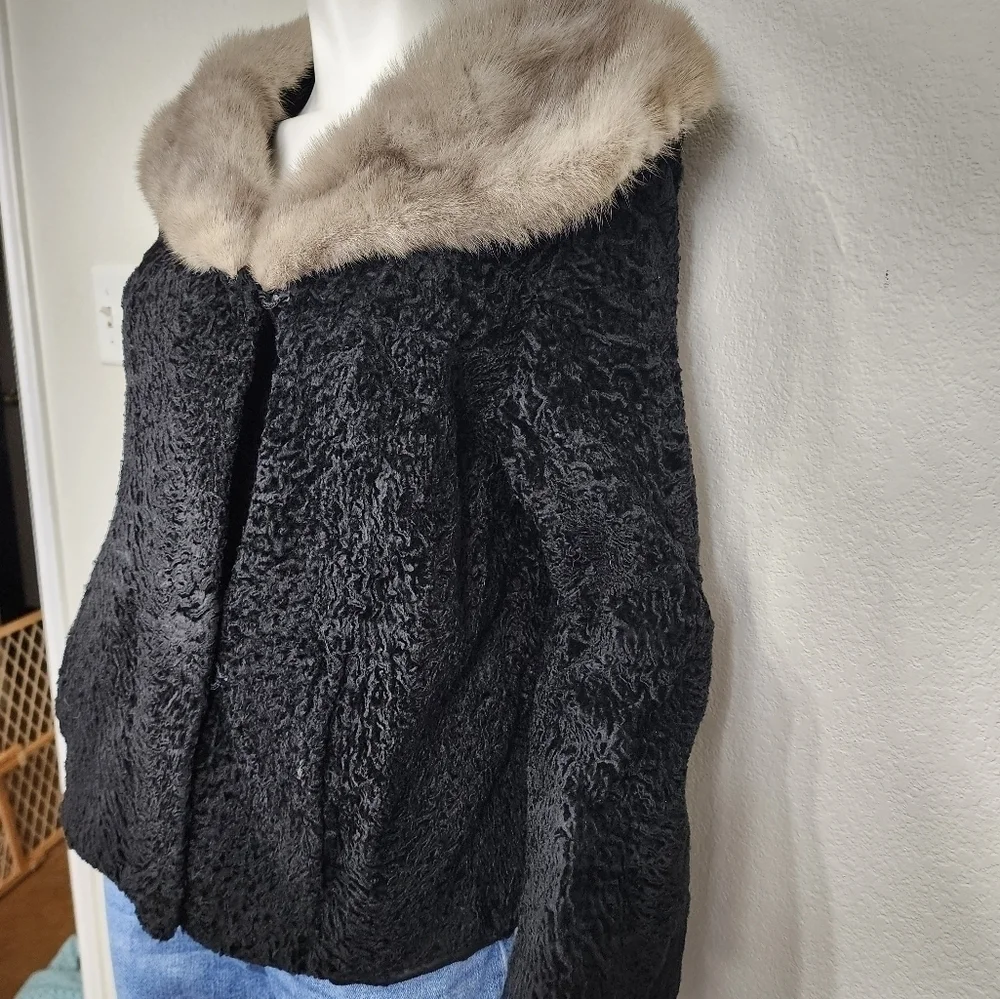 Vintage Persian Lamb Mobwife Black W/ Gray Mink Collar Jacket Size L/XL